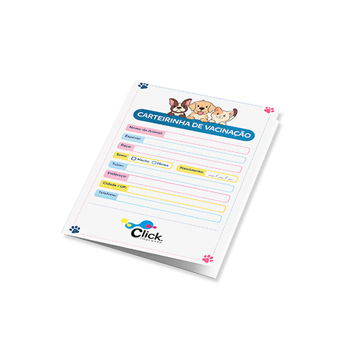 Carteira de vacinação, 4x4 cores, 14x21cm, 01 dobra, papel off-set 240g.